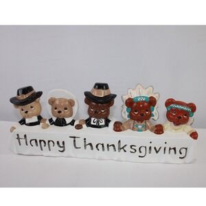 Ceramic Happy Thanksgiving Teddy Bear Pilgrim Native American Lighted Display